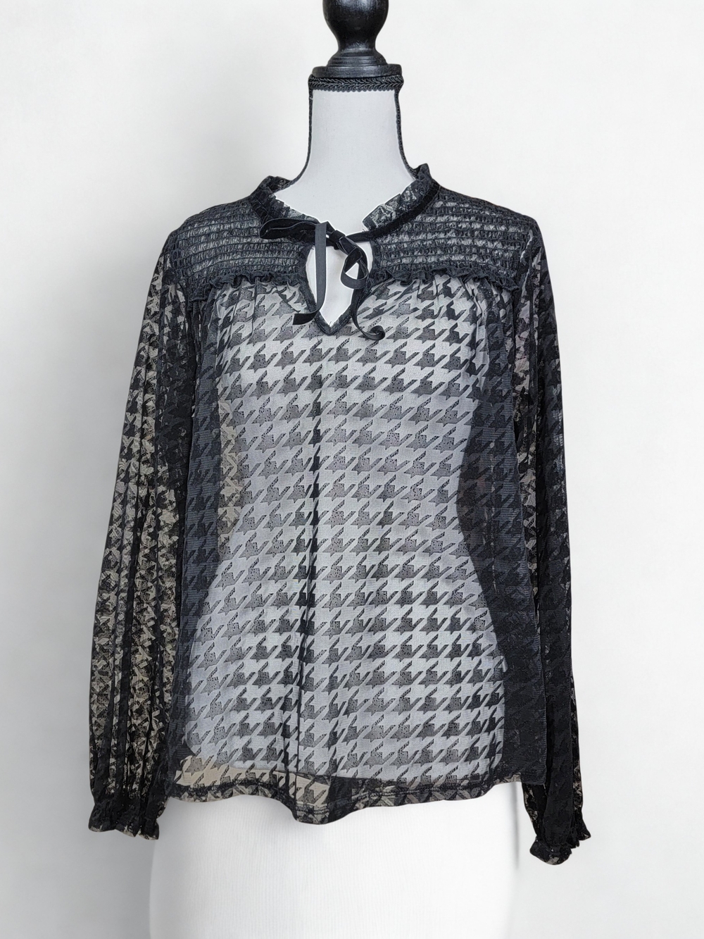 Vintage Style Sheer Houndstooth Blouse M Black Smocked Ruffle Ribbon Tie NWOT